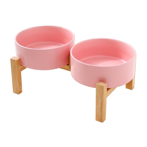 Uqezagpa Erhöhtes Keramik-Hundenapf-Set mit stabilem Holzständer, rutschfestes Design, Doppelnapf, Wasserfutter, Futterstation von Uqezagpa