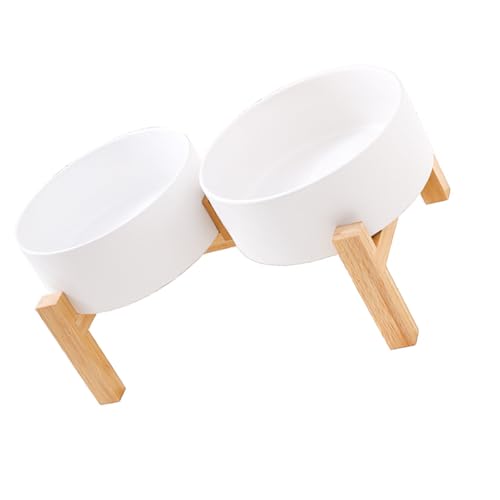 Uqezagpa Erhöhtes Keramik-Hundenapf-Set mit stabilem Holzständer, rutschfestes Design, Doppelnapf, Wasserfutter, Futterstation von Uqezagpa