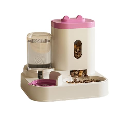 2-in-1 Katze Wasserspender Ohne Strom, Katzenfutter Spender 2 Näpfe, Futterspender Katzen Trockenfutter Reise, Futterspender Hund Flasche, für Katzen, Hunde, Kätzchen Welpen (Rosa) von UrCreat