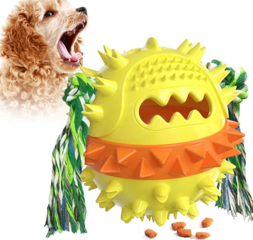 Uran Mall Interaktiver Hundespielzeug-Ball mit Sound, mehrfarbiger Leckerli-Spender, Zahnreinigung, Kauspielzeug mit Seil, Futterspender, Puzzle-Ball für Hunde (gelb) von Uran Mall