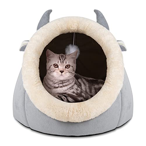 Katzenhöhlen Katzenbett Kuschelhöhle mit abnehmbar weich Innerkissen Schlafsack Katzenzelt Katzenkorb Tierbett zum Schlafen für Kleine bis Mittlere Größe Katzen (L：48x45x33cm, Das Vieh Grau) von Urijk