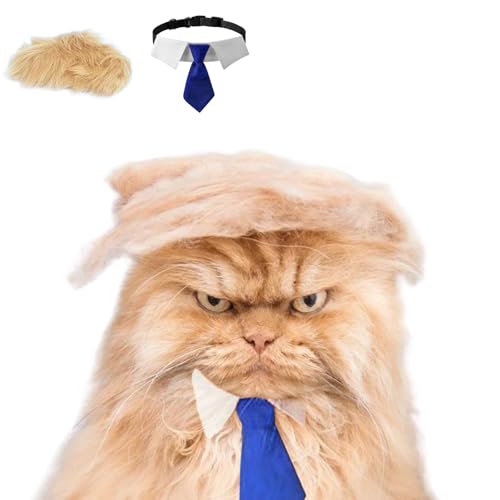 Blonde Perücke für Haustiere, Katze/Hund, mit Krawatte, ikonischer und verspielter Toupet-Hut, Cosplay, Kostüm, Halloween-Zubehör (BlueTie, S) von Urnat