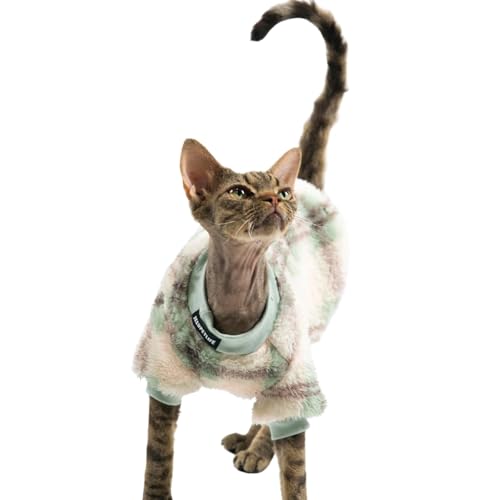 Haarlose Katze, doppelseitige Fleece-Kleidung, weicher Pullover, warmer Overall, Hemd, Kleidung für Sphynx & Devon Rex Winter und Herbst (Grün, M) von Urnat