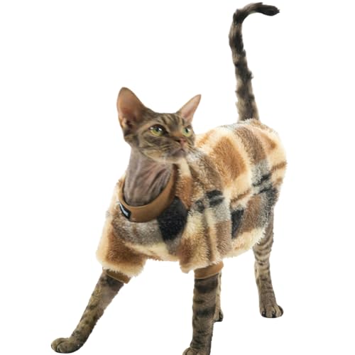 Haarlose Katze, doppelseitige Fleece-Kleidung, weicher Pullover, warmer Overall, Hemd, Kleidung für Sphynx & Devon Rex Winter und Herbst (Khaki, M) von Urnat