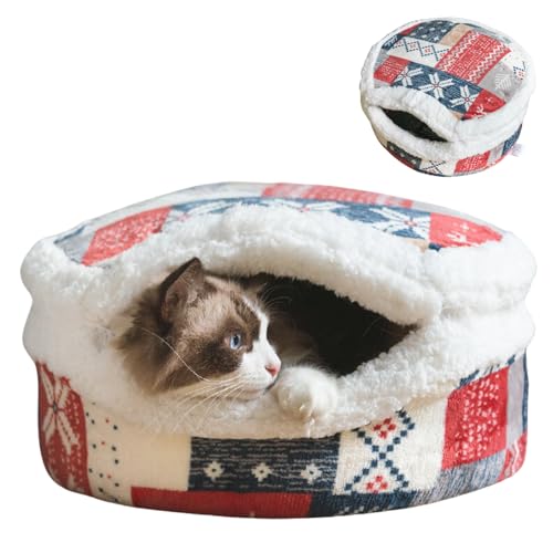 Katzen-Höhlenbett, Plüsch, warm, beruhigend, mit abnehmbarem Deckel und Matte, gemütliches geschlossenes Haus für Kätzchen im Innenbereich (Schnee) von Urnat