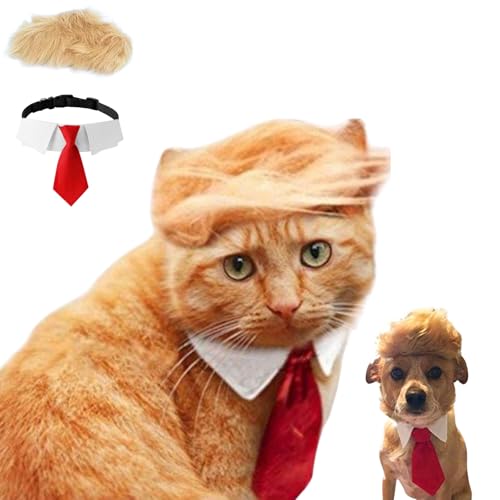 Urnat Blond für Haustiere mit Schleife für Katze oder Hund: Ikonische und lustige Tupémütze, Cosplay-Kleidung, Kostüm, Halloween-Zubehör (rote Krawatte, L) von Urnat