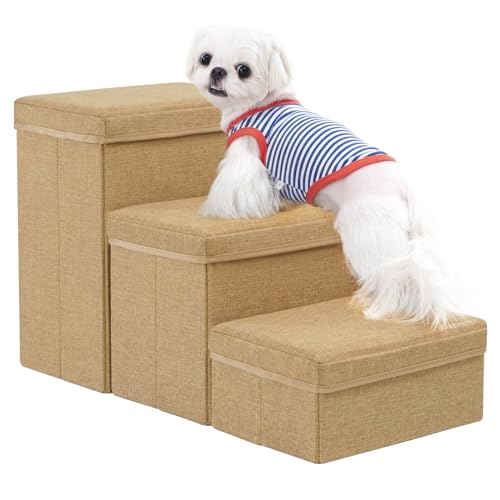Uross Hundetreppe Mit Stauraum, 3 Stufen für Kleine, Mittelgroße und Große Hunde, Haustiertreppe zum Bett für Alte Hunde, Katzen, für Couch (Braun) von Uross