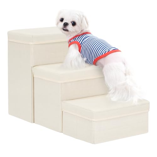 Uross Hundetreppe mit Stauraum - 3-stufige Haustiertreppe für kleine bis große Hunde, Katzen & Welpen (Beige) von Uross