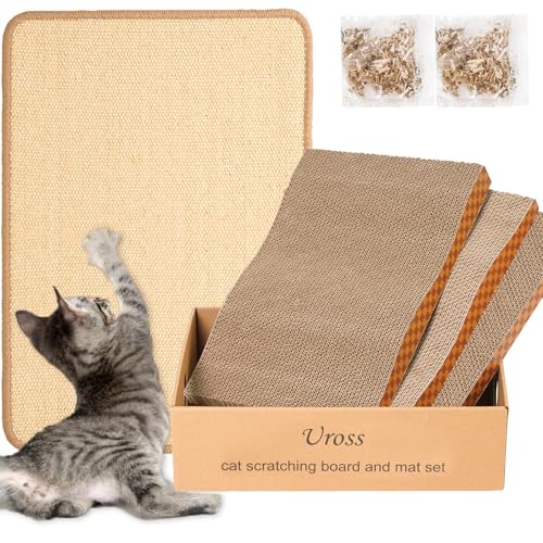 Uross Katze Kratzbrett Mattenset - Karton Katzenkratzer Katzenkratzkissen Katzenkratzkasten Kratzpads für Innenkatzen Sisal Katzenkratzmatte Kratzkissen für Katzen horizontaler Katzenkratzer von Uross
