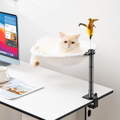 Uross Katzenbett für Schreibtisch - 360° drehbar & höhenverstellbar, weiches Katzenhängematte mit 2 waschbaren Bezügen Katzenschlafplatz für Homeoffice - Ganzjahresnutzung (Beige) von Uross
