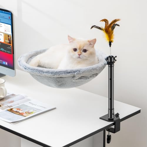 Uross Katzenbett für Schreibtisch - 360° drehbar & höhenverstellbar, weiches Katzenhängematte mit 2 waschbaren Bezügen Katzenschlafplatz für Homeoffice - Ganzjahresnutzung (Grey) von Uross