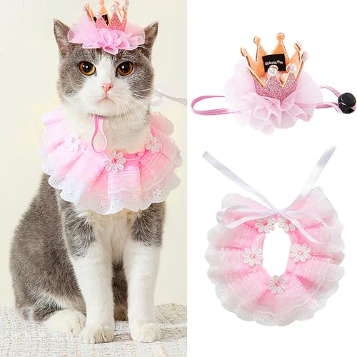 Ushang Pet 4 x Katzen-Geburtstagskronenhut für Katzen und Katze, Spitzen-Bandana, rosa Prinzessin-Kostüme für Katzen, Geburtstagsparty, rosa Happy Birthday-Kronenbanner und Krone mit Nr. 0–10 von Ushang Pet