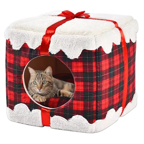 Weihnachts-Katzenbetten, Box-Katzenbett-Haus, tragbares rotes Weihnachts-Katzenwürfelbetten, Iglu-Höhlennest für Kätzchen und Kleintiere, warm bedeckte Katzenbetten für Indoor-Katzen (roter Satin) von Ushang Pet