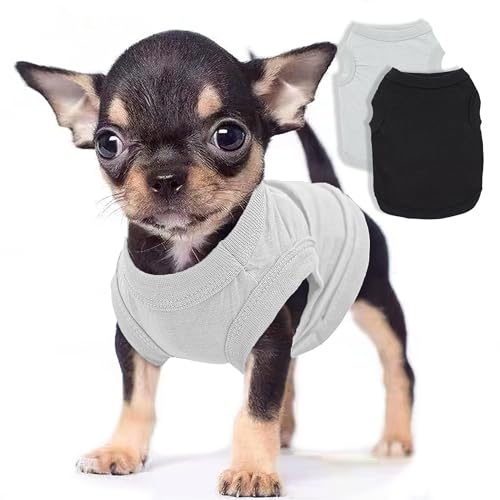 Hunde-Shirts, einfarbig, ärmellos, für den Sommer, für kleine, mittelgroße Hunde, Jungen und Katzen, Größe XXS, Schwarz + Grau, 2er-Pack Hunde-Shirts, einfarbig, ärmellos, für den Sommer, für kleine, mittelgroße Hunde, Jungen und Katzen, Größe XXS, Schwarz + Grau, 2er-Pack von Uswalnna