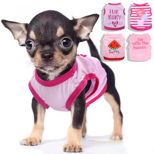 Hundekleidung für kleine Hunde, 4 Stück, niedliche Welpenkleidung, Frühling/Sommer, Chihuahua-Kleidung, weiches Rosa, für Yorkie-Teetasse (Streifen, Lila, Rosa, XX-Small) von Uswalnna