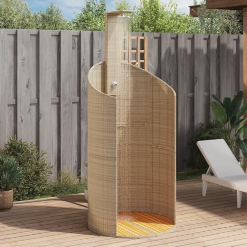 Utiny Gartendusche Outdoor Dusche mit Lattenboden Stahlrahmen 100x100x241,5 cm Poly Rattan Akazienholz Gartenmöbel Terrassendusche für Pool Schwimmbad (Beige) von Utiny