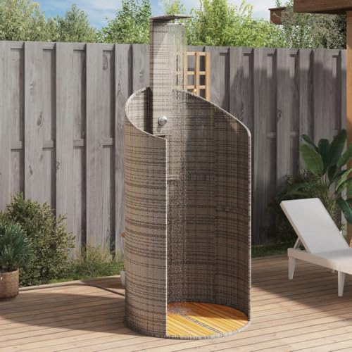 Utiny Gartendusche Outdoor Dusche mit Lattenboden Stahlrahmen 100x100x241,5 cm Poly Rattan Akazienholz Gartenmöbel Terrassendusche für Pool Schwimmbad (Grau) von Utiny
