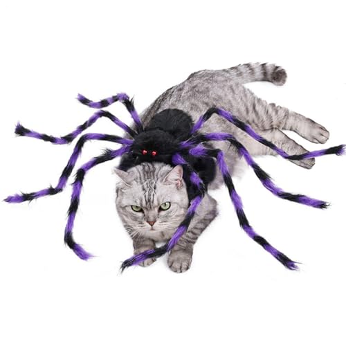 Halloween-Spinnenkostüm für Hund und Katze, lustiges riesiges Vogelspinnen-Haustier-Outfit mit verstellbarem Sattelgeschirr, bequemer Filzstoff, Cosplay, Verkleidung, Kleidung für Party, Urlaub (lila von UzeEnde