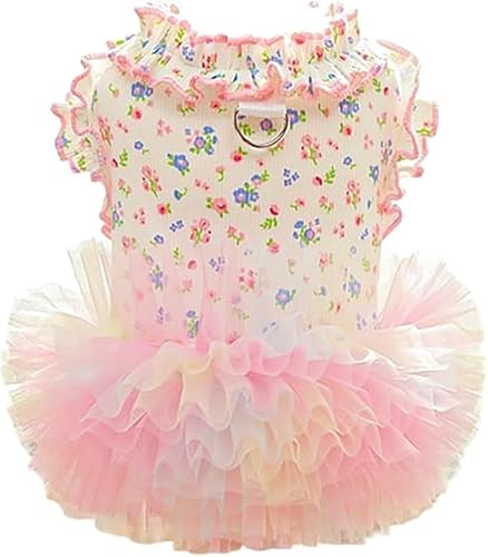 Haustierkleid mit Blumenmuster für den Sommer – niedliches gerüschter Saum, Puffkleid und Weste, atmungsaktiv, Prinzessinnen-Outfit mit D-Ring für kleine Hunde, Katzen, Alltag, Party, Urlaub (rosa von UzeEnde