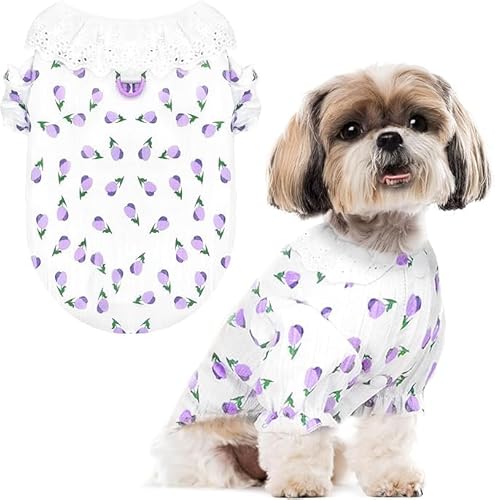 Hunde-Shirts mit Blumenmuster für kleine Hunde, Frühling und Sommer, leichtes Hemd mit Tulpenmuster, weiche Baumwolle, atmungsaktiv, Outfit mit Geschirr, D-Ring für Welpen, Katzen, den täglichen von UzeEnde