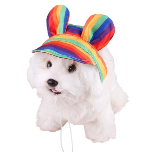 Hunde-Sonnenhut für kleine Hunde – verstellbare Sommerkappe für Haustiere, Baseballkappe mit Ohrlöchern, Kinnriemen, leichtes Visier für Spaziergänge im Freien, Reisen, Strand (Regenbogen, Größe S von UzeEnde