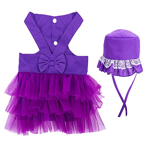 Hundekleid aus Tüll mit Hut – Welpen-Prinzessinnen-Weste, Rock, Outfit mit Spitzenbesatz, Sonnenhut, niedliches Katzenkostüm für kleine Hunde, Geburtstag, Hochzeit, Party, Urlaub (lila, groß) von UzeEnde