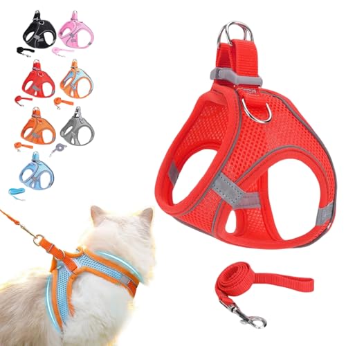 Katzengeschirr und 1,5 m Leine für den Außenbereich, verstellbare, weiche Netzweste mit reflektierenden Streifen, kein Ziehen, Haustierjacke für Spaziergänge, Training, Laufen, kleine und mittelgroße von UzeEnde