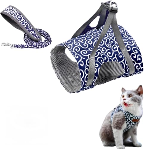 Katzengeschirr und Leine, atmungsaktives Netzgewebe, verstellbarer Brustgurt für Katzen, Fluchtschutz, japanisches Wolkenwellenmuster, weiche Haustierkleidung mit 1,3 m Leine, Blau, Größe XL (7,5–10 von UzeEnde