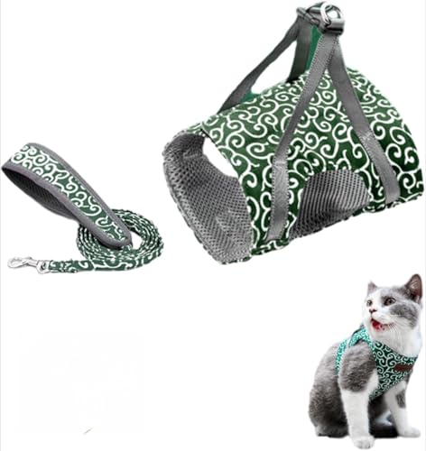 Katzengeschirr und Leine, atmungsaktives Netzgewebe, verstellbarer Brustgurt für Katzen, Fluchtschutz, japanisches Wolkenwellenmuster, weiche Haustierkleidung mit 1,3 m Leine, Grün, XL (7,5–10 kg) von UzeEnde