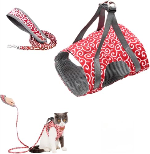 Katzengeschirr und Leine, atmungsaktives Netzgewebe, verstellbarer Brustgurt für Katzen, Fluchtschutz, japanisches Wolkenwellenmuster, weiche Haustierkleidung mit 1,3 m Leine, Rot, L (6,5–8 kg) von UzeEnde