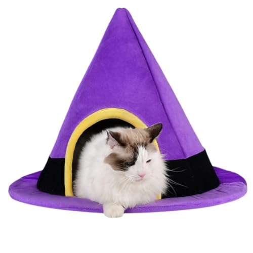 Süßes Halloween-Katzenbett – Lustiges lila Hexenhut-Form, Plüsch-Kätzchen-Höhle, Zelt, rund, geschlossen, weich, gemütlich, Haustierhaus, Winter, warm, Versteck für den Innenbereich, kleine und von UzeEnde