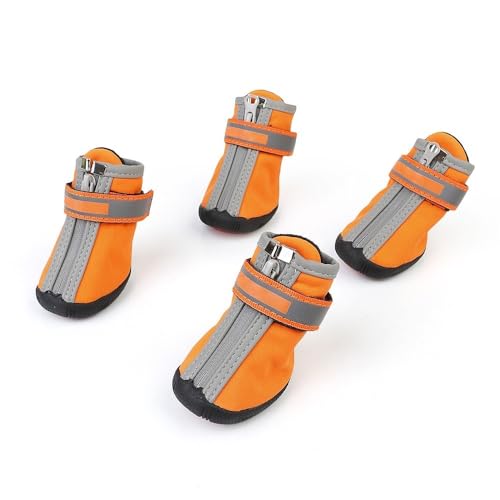 Wasserdichte Hundestiefel für kleine Hunde – atmungsaktiver Reißverschluss Pfotenschutz mit reflektierenden Riemen, TPR-Sohle für Spaziergänge im Freien, Wandern, Regen, Schnee, Welpen (M,Orange) von UzeEnde