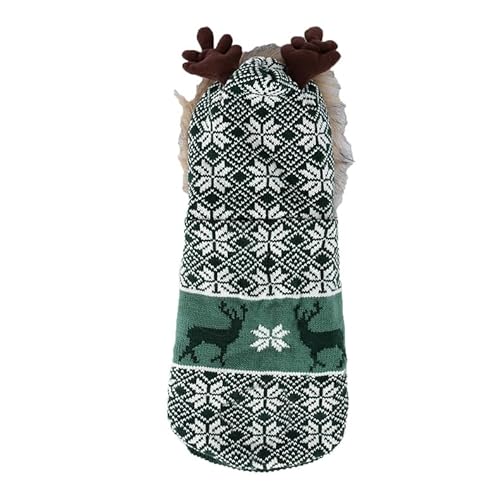 Weihnachtspullover für Hunde und Katzen, Retro-Kapuzenpullover mit Rentier-Schneeflocken-Muster, Jacquard, doppellagig, dick, warm, Outfit für Welpen, Kätzchen, Urlaub, Winter, Größe L, Grün) von UzeEnde
