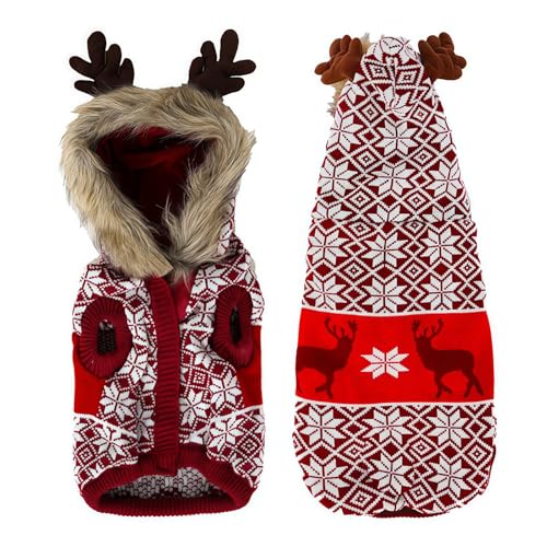 Weihnachtspullover für Hunde und Katzen, Retro-Kapuzenpullover mit Rentier-Schneeflocken-Muster, Jacquard, doppellagig, dick, warm, Outfit für Welpen, Kätzchen, Urlaub, Winter, Größe L, Rot Weihnachtspullover für Hunde und Katzen, Retro-Kapuzenpullover mit Rentier-Schneeflocken-Muster, Jacquard, doppellagig, dick, warm, Outfit für Welpen, Kätzchen, Urlaub, Winter, Größe L, Rot von UzeEnde