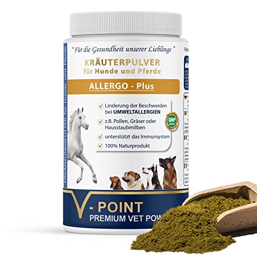 V-POINT ALLERGO Plus - bei Allergien durch Pollen, Gräser, Heustaub - Bei Beschwerden und zur Vorbeugung - Premium Kräuterpulver für Hunde und Pferde - Mit Schwarzkümmel, Hagebutte, Ingwer (500 g) von V-POINT