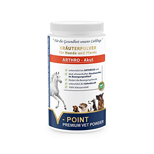 V-POINT ARTHRO Akut - bei Gelenkschmerzen und akut schmerzhaften Beschwerden - Premium Kräuterpulver für Hunde und Pferde - Mit Teufelskralle, Ingwer, Hagebutte, Weidenrinde (500 g) von V-POINT