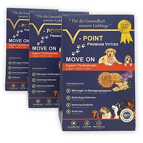 V-POINT Premium Vitties für Hunde unterstützt bei Arthrose Gelenksprobleme Störungen im Bewegungsapparat - glutenfreie Hundeleckerlie ohne Zuckerzusatz (Move ON - Teufelskralle/Ingwer, 3x250g) von V-POINT
