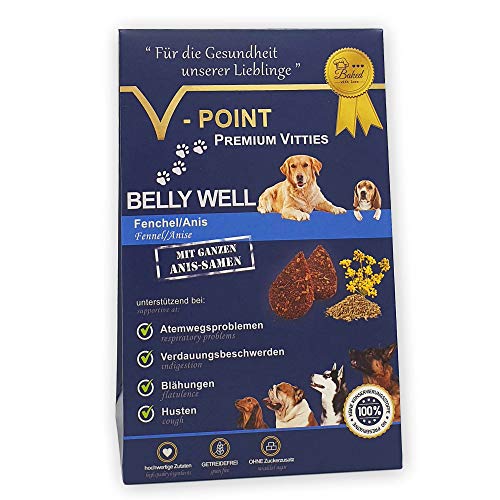 V-POINT Premium Vitties für Hunde unterstützt bei Blähungen Durchfall Verdauungsprobleme Husten Atemwegsprobleme – getreidefreie Hundeleckerlie (Belly Well - Fenchel/Anis, 250g) von V-POINT