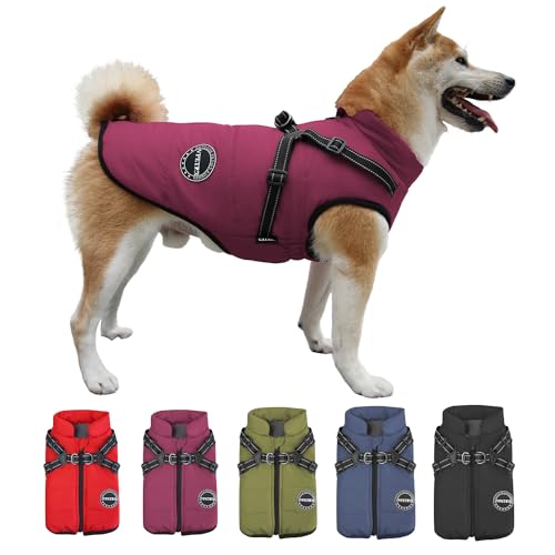 V.PET.B.R Hunde-Wintermantel, warme Hundejacke, Fleece-Hundeweste mit integriertem Geschirr, wasserdicht, reflektierend, gemütlich, verstellbar, Schnee-Haustiermantel, Kleidung mit Reißverschluss von V.PET.B.R