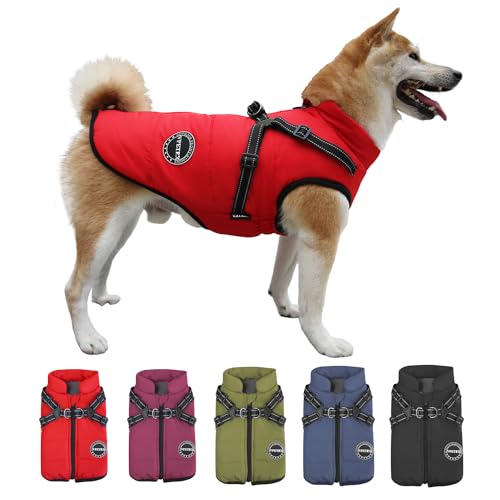 V.PET.B.R Hunde-Wintermantel – warme Jacke, gepolsterte Fleece-Weste mit integriertem Geschirr, wasserdicht und winddicht, reflektierend und verstellbar, Schnee-Haustiermantel mit Reißverschluss für S von V.PET.B.R