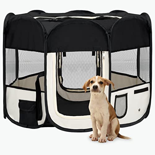 VACARX Faltbares Laufgitter für Hunde, mit Tragetasche, 90 x 90 x 58 cm, Schwarz und Creme von VACARX