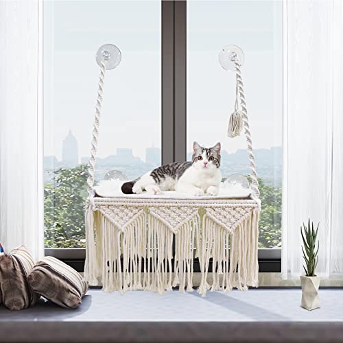 Katzen-Fensterstange Makramee Katzenhängematte Boho Wandmontage Haustier Ruhesitz Bett zum Sonnenbaden, Nickerchen & Überblick mit 4 Sitz-Saugnäpfen & Fleecedecke & Strickballspielzeug – Gewicht bis Katzen-Fensterstange Makramee Katzenhängematte Boho Wandmontage Haustier Ruhesitz Bett zum Sonnenbaden, Nickerchen & Überblick mit 4 Sitz-Saugnäpfen & Fleecedecke & Strickballspielzeug – Gewicht bis von VAESCOL