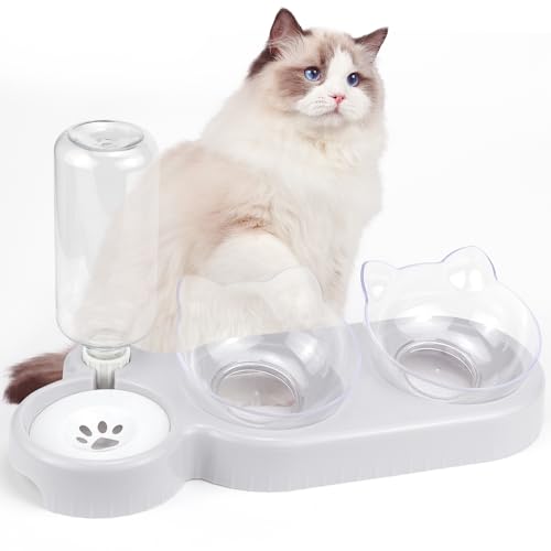 Katzennapf, 3 in1 Erhöhter Futternapf Katze, 3er Set Napfset Katzennäpfe, 15°Geneigte Fressnapf Katze mit Automatischer Wasserflasche für Katzen und kleine Hunde von VAIAV