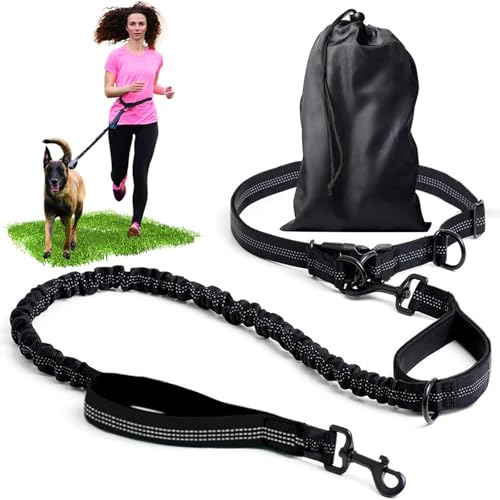 Freihändig Laufleine - Bungeeteil für Joggingleine, Bauchgurt Hundeleine mit Integrierter Zugstopp Hausleine Halsung, für Hunde Aller Größen Robust, mit Dual Griffe, Schwarz Reflektierende Nähte von VAIGU:OA