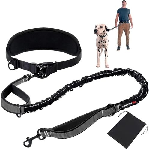Freihändig Laufleine - Bungeeteil für Joggingleine, Bauchgurt Hundeleine mit Integrierter Zugstopp Hausleine Halsung, für Hunde Aller Größen Robust, mit Dual Griffe, Schwarz Reflektierende Nähte von VAIGU:OA