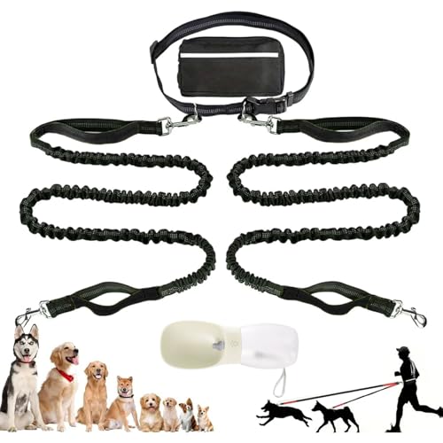 Joggingleine für 2 Hunde - Freihändige Hundeleine mit Bauchgurt, Verstellbar Übungsleine mit Dual Griffe, Reflektierende Nähte, joggingleine für Mittelgroße und Große Hunde, mit Haustier-Wasserbecher von VAIGU:OA