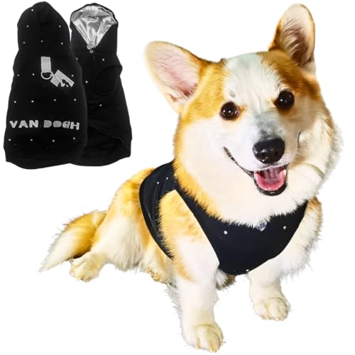 VAN DOGH - Black Hoodie for Dogs & Cats - Unique, Premium Quality Cotton and Polyester Blend, Light, Breathable and Waterproof - Hand-Embelished with Preciosa Crystals (2XL) von VAN DOGH