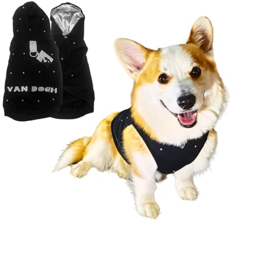 VAN DOGH - Black Hoodie for Dogs & Cats - Unique, Premium Quality Cotton and Polyester Blend, Light, Breathable and Waterproof - Hand-Embelished with Preciosa Crystals (L) von VAN DOGH