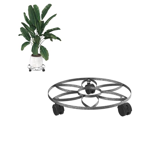 VANCHEMO 2er Set Blumenroller aus Flachstahl 3,0mm, Ø32cm, grau pulverbeschichtet, mit 3 Kunststoff-PU-Rollen (1x ohne Bremse, 2X mit Bremse), leicht & langlebig, ideal für Verschiedene Blumentöpfe von VANCHEMO