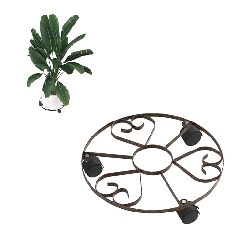 VANCHEMO 2er Set Blumenroller aus Flachstahl 3,0mm, Ø32cm, schwarz mit kupferfarbener Dekor-Beschichtung, mit 3 Kunststoff-PU-Rollen (1x ohne Bremse, 2X mit Bremse), stabil, für Blumentöpfe von VANCHEMO